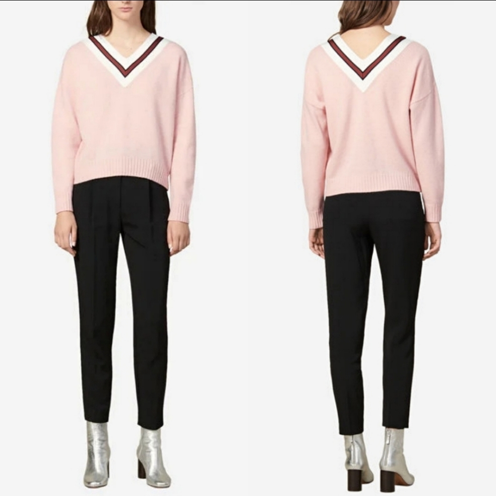 Sandro Stripes V-Neck Wool Blend Sweater
